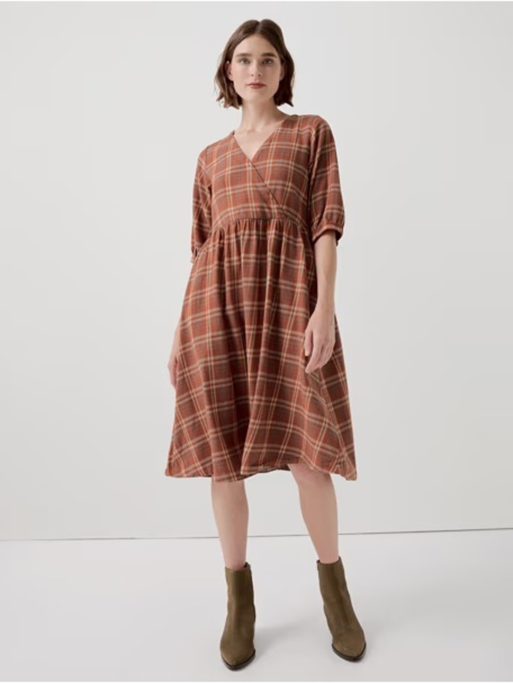 Pact Fireside Flannel Crossover Dress in Spice Plaid V-Neck Midi Dress NWT